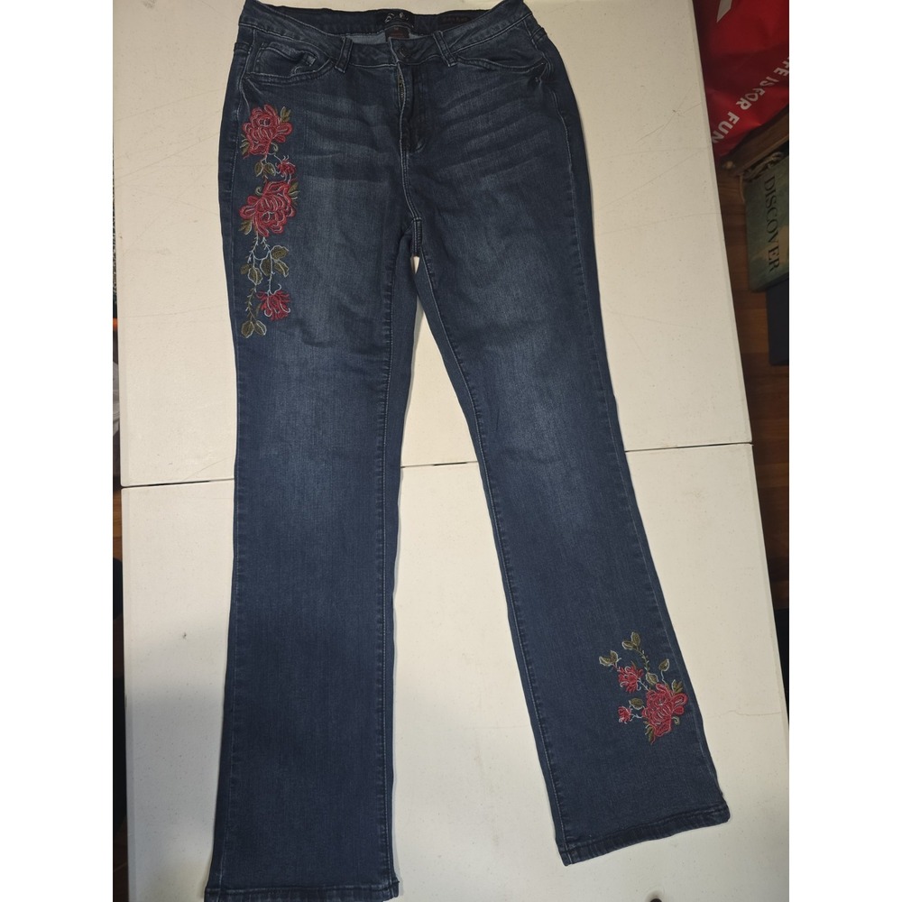 Earl Jean blue Denim Skinny Ankle Jeans Embroidered Flowers Stretch Sz 10